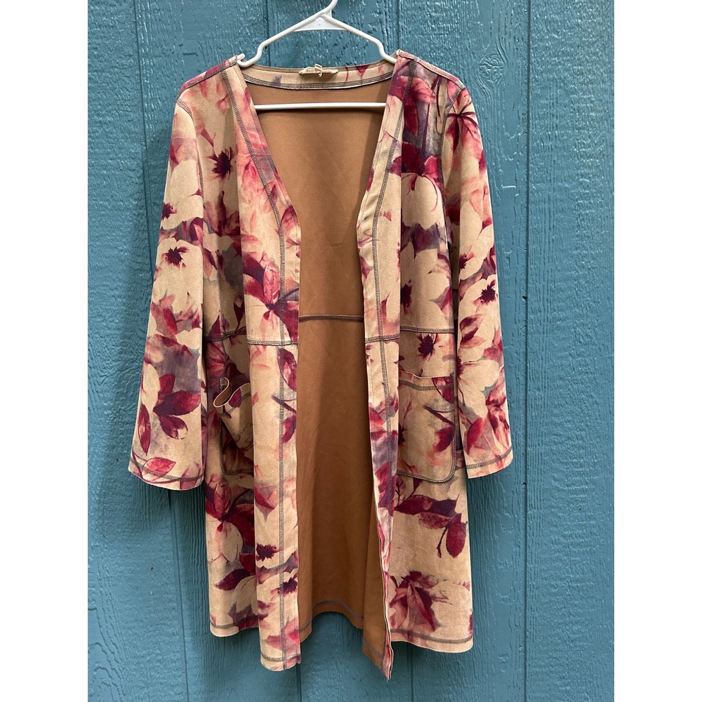 Solitaire Floral Duster Cardigan Women's Large Beige‎ Red Open Front Lightweight